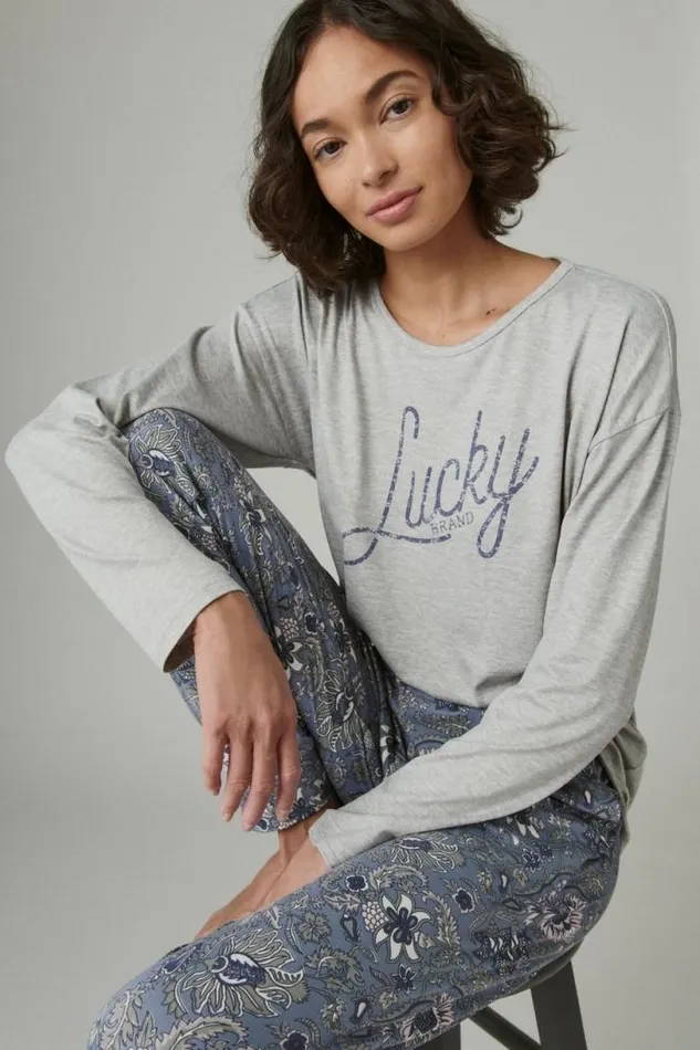Women Lucky Brand Intimates and Sleepwear Lucky Script and Jogger Sleep Set Dark Grey