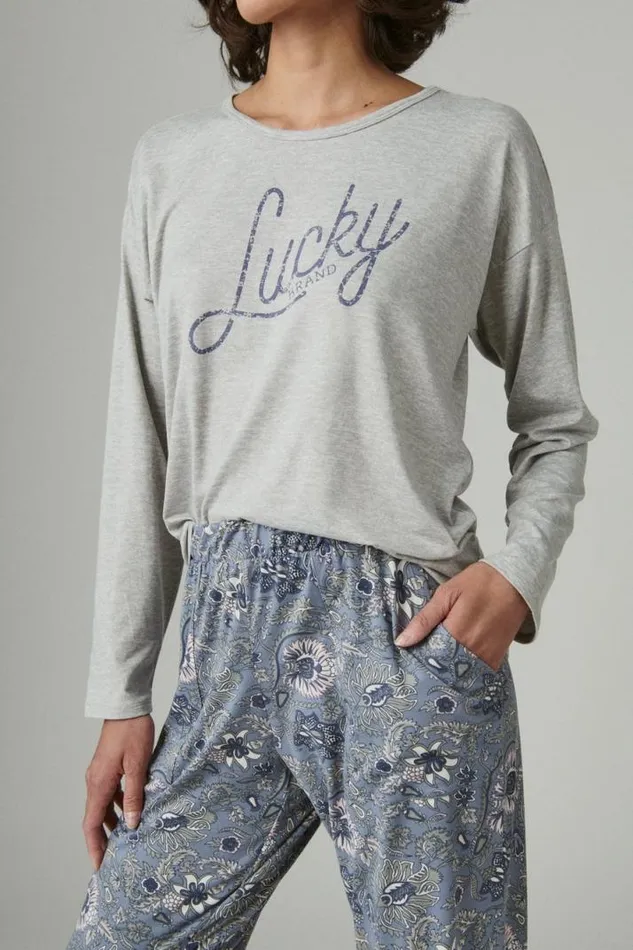 Women Lucky Brand Intimates and Sleepwear Lucky Script and Jogger Sleep Set Dark Grey