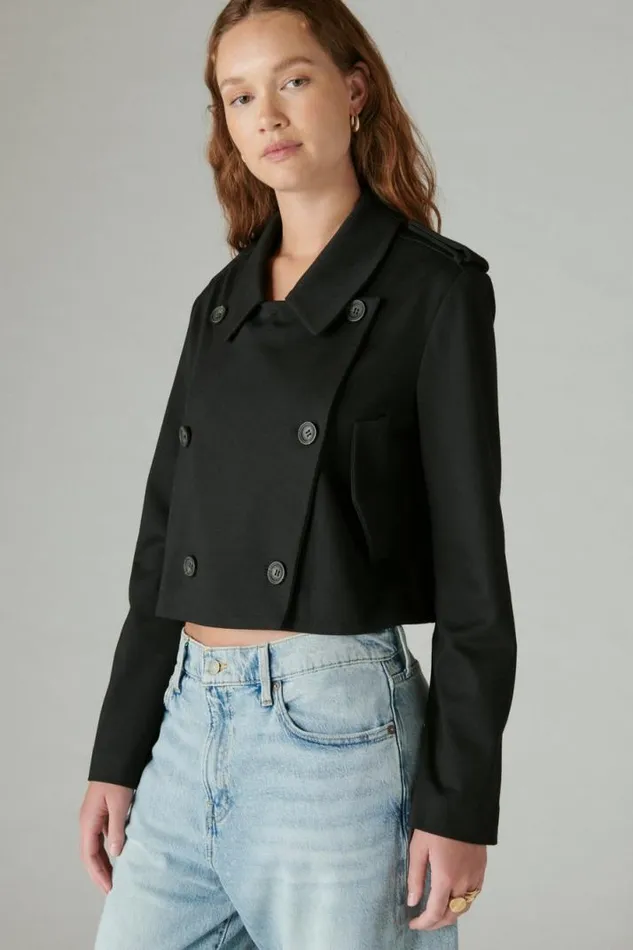 Women Lucky Brand Jackets and Outerwear Cropped Ponte Blazer Deep Black