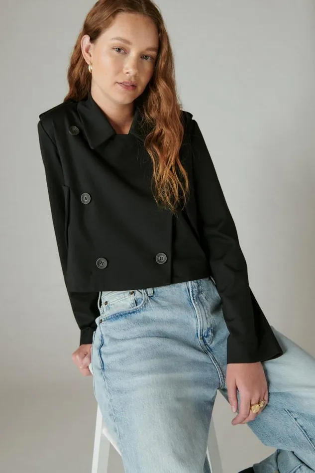 Women Lucky Brand Jackets and Outerwear Cropped Ponte Blazer Deep Black
