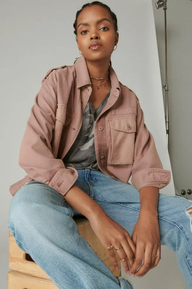 Women Lucky Brand Jackets and Outerwear Cropped Twill Utility Jacket Mauve