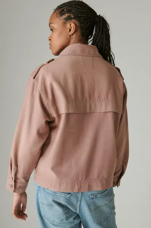 Women Lucky Brand Jackets and Outerwear Cropped Twill Utility Jacket Mauve