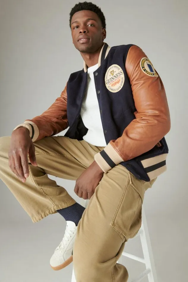 Women Lucky Brand Jackets and Outerwear Guinness Varsity Leather Jacket Navy Multi