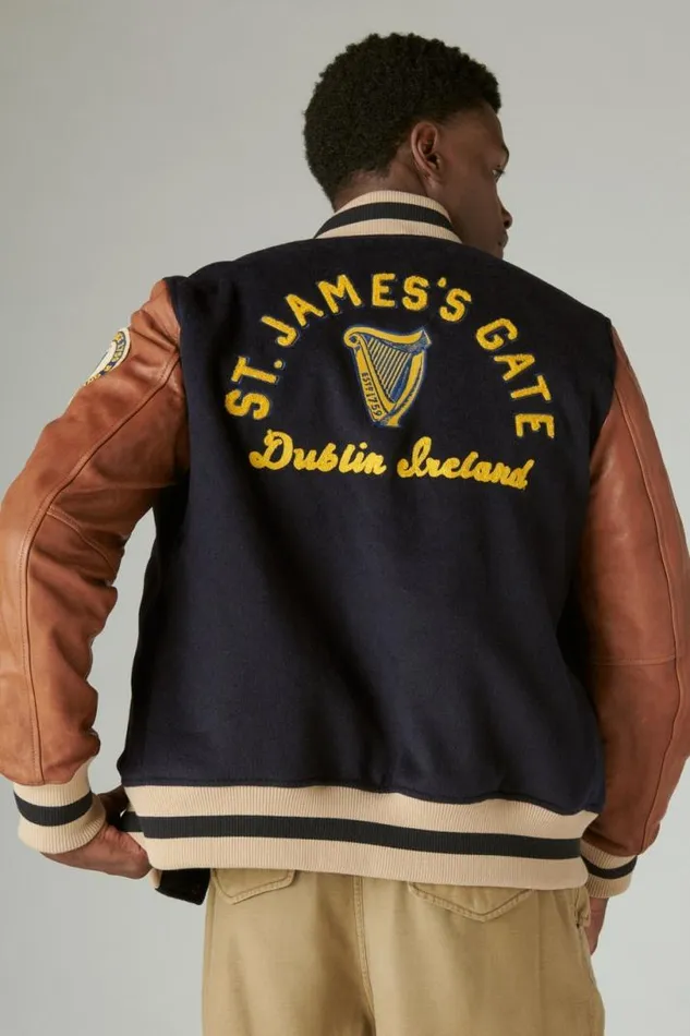 Women Lucky Brand Jackets and Outerwear Guinness Varsity Leather Jacket Navy Multi
