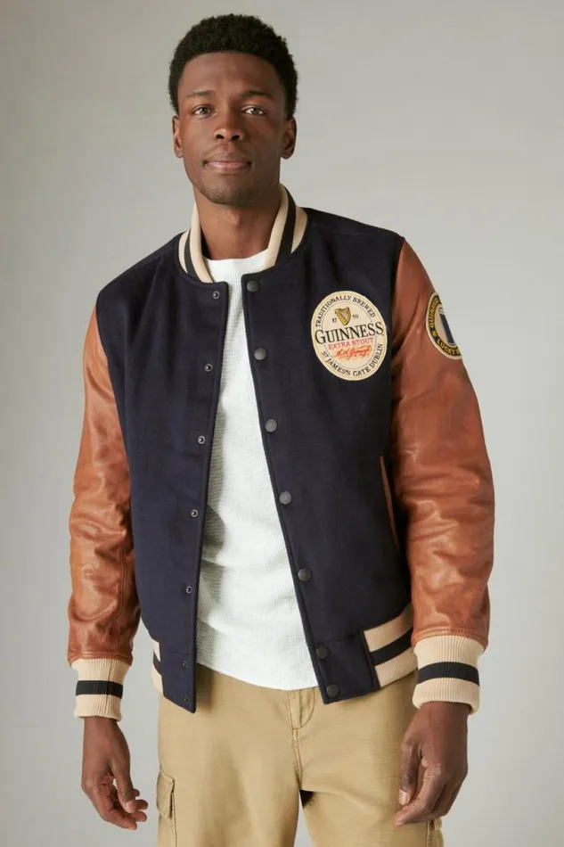 Women Lucky Brand Jackets and Outerwear Guinness Varsity Leather Jacket Navy Multi