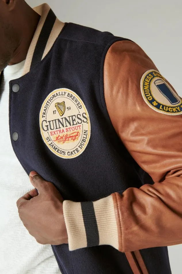 Women Lucky Brand Jackets and Outerwear Guinness Varsity Leather Jacket Navy Multi