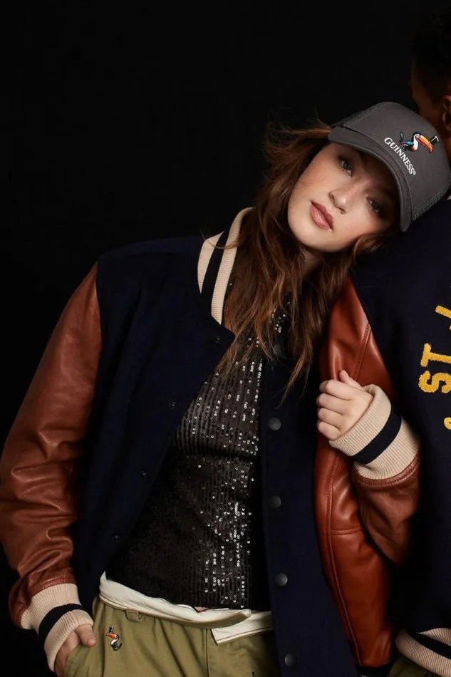 Women Lucky Brand Jackets and Outerwear Guinness Varsity Leather Jacket Navy Multi