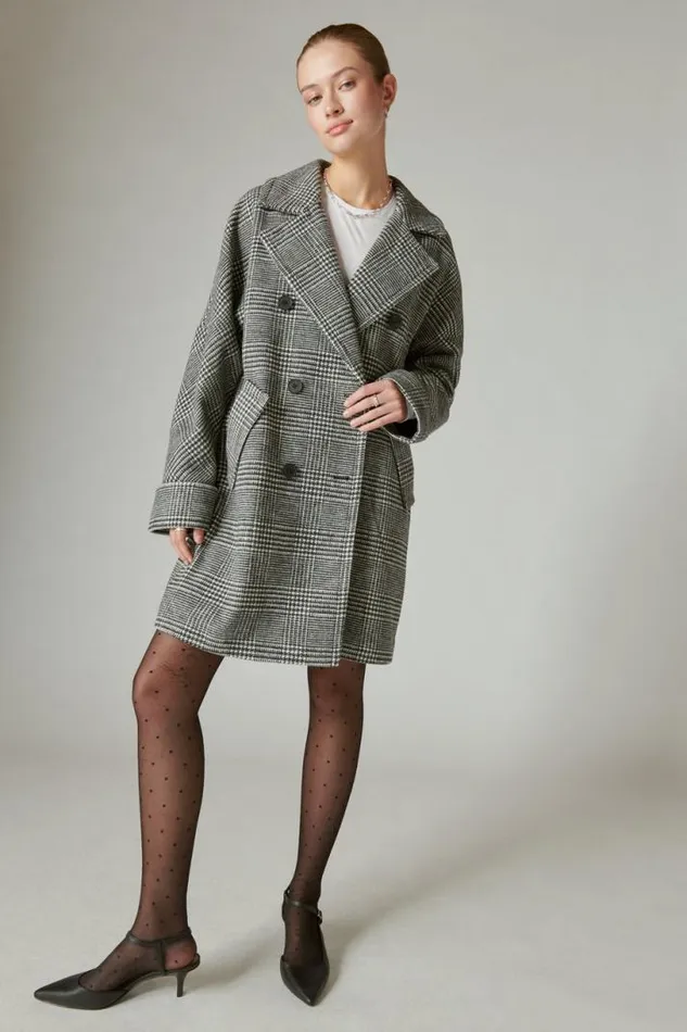 Women Lucky Brand Jackets and Outerwear Houndstooth Doublebreasted Coat Grey Plaid