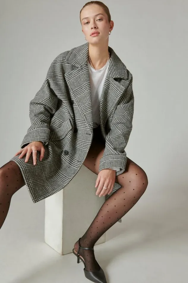 Women Lucky Brand Jackets and Outerwear Houndstooth Doublebreasted Coat Grey Plaid