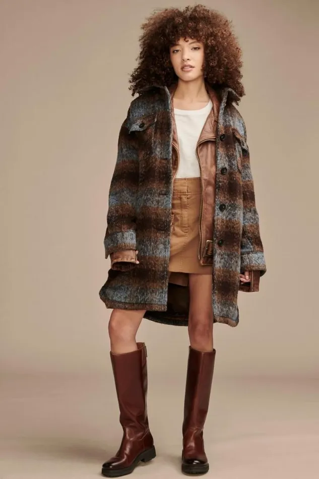 Women Lucky Brand Jackets and Outerwear Long Plaid Shirt Jacket Dark Brown