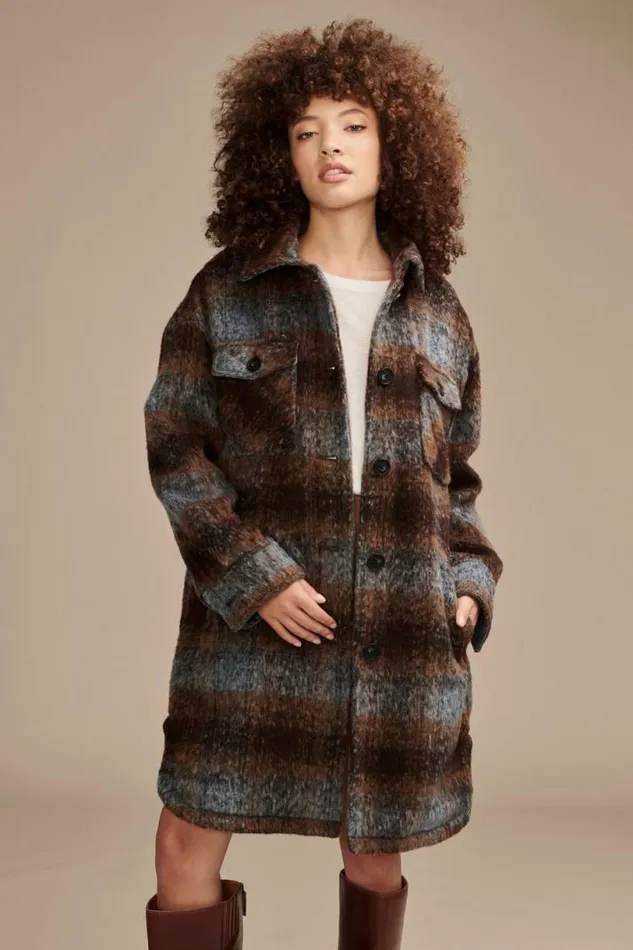 Women Lucky Brand Jackets and Outerwear Long Plaid Shirt Jacket Dark Brown