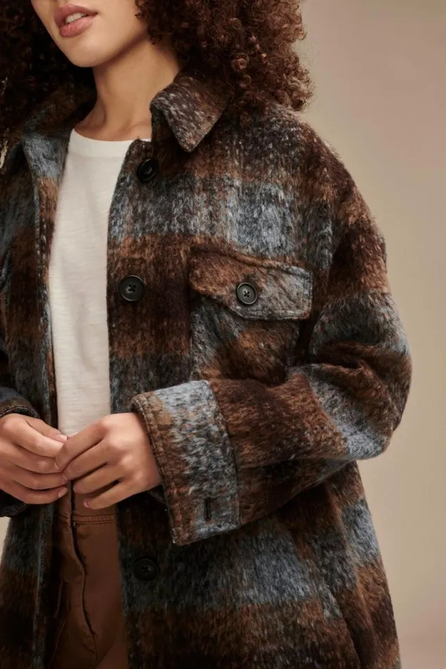 Women Lucky Brand Jackets and Outerwear Long Plaid Shirt Jacket Dark Brown