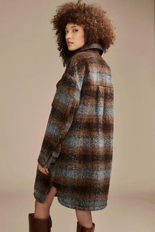 Women Lucky Brand Jackets and Outerwear Long Plaid Shirt Jacket Dark Brown