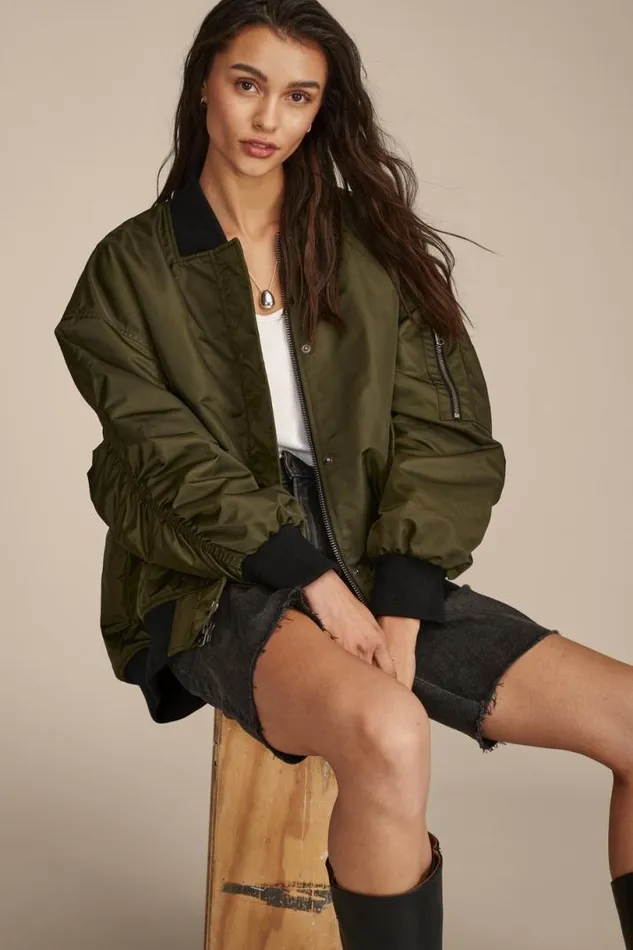 Women Lucky Brand Jackets and Outerwear Oversized Bomber True Army