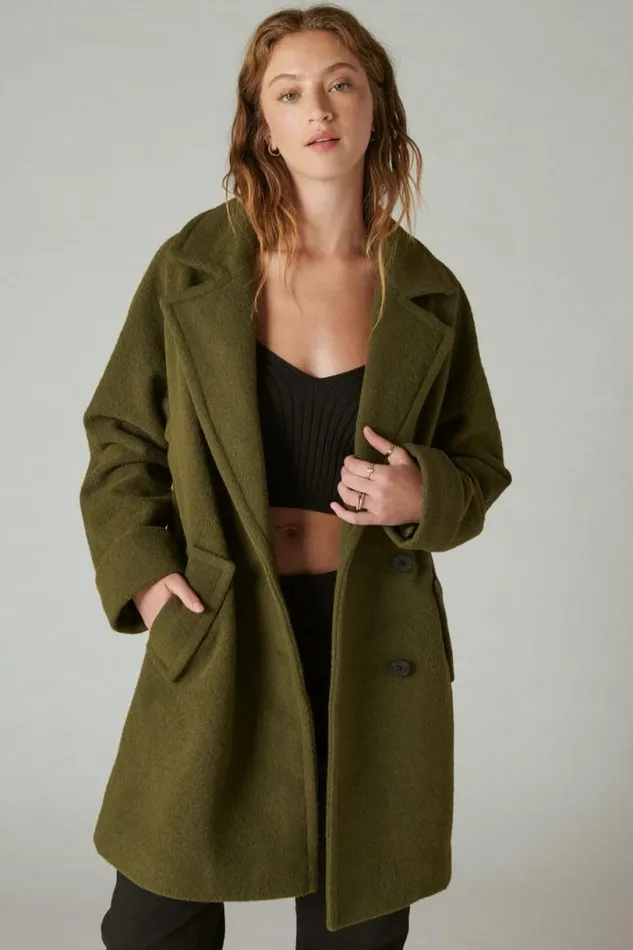 Women Lucky Brand Jackets and Outerwear Solid Doublebreasted Coat Olive
