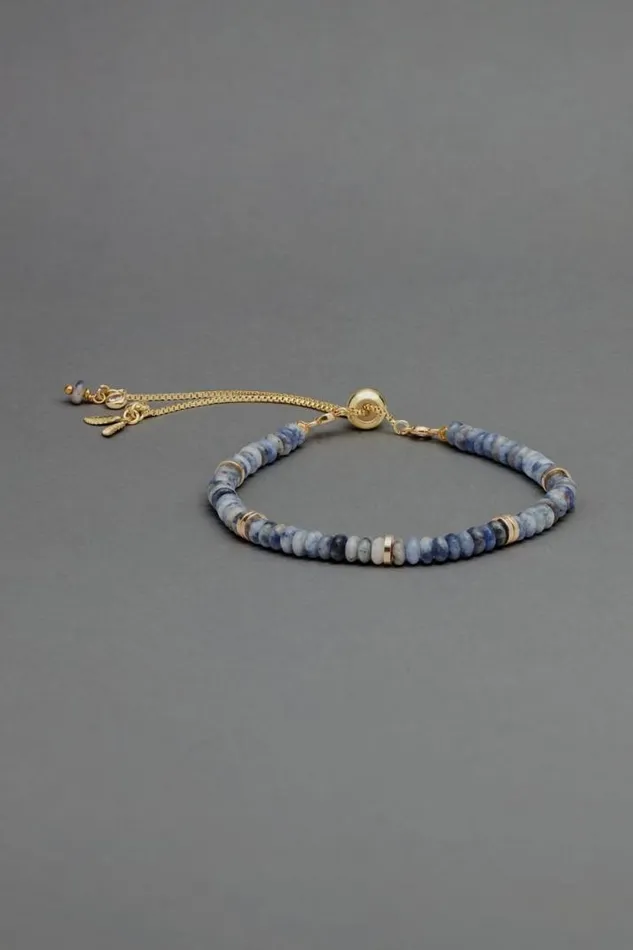Women Lucky Brand Jewelry Blue Stone Beaded Bracelet Gold