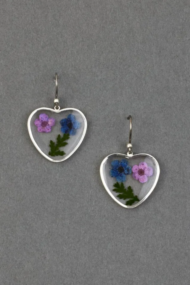 Women Lucky Brand Jewelry Dried Flower Heart Drop Earring Silver