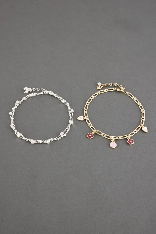 Women Lucky Brand Jewelry Enamel Charm Anklet Set Two Tone