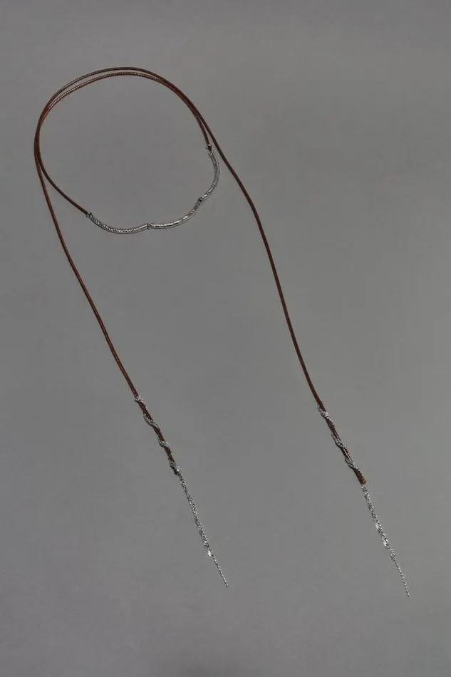 Women Lucky Brand Jewelry Leather Wrap Around Fringe Choker Necklace Silver