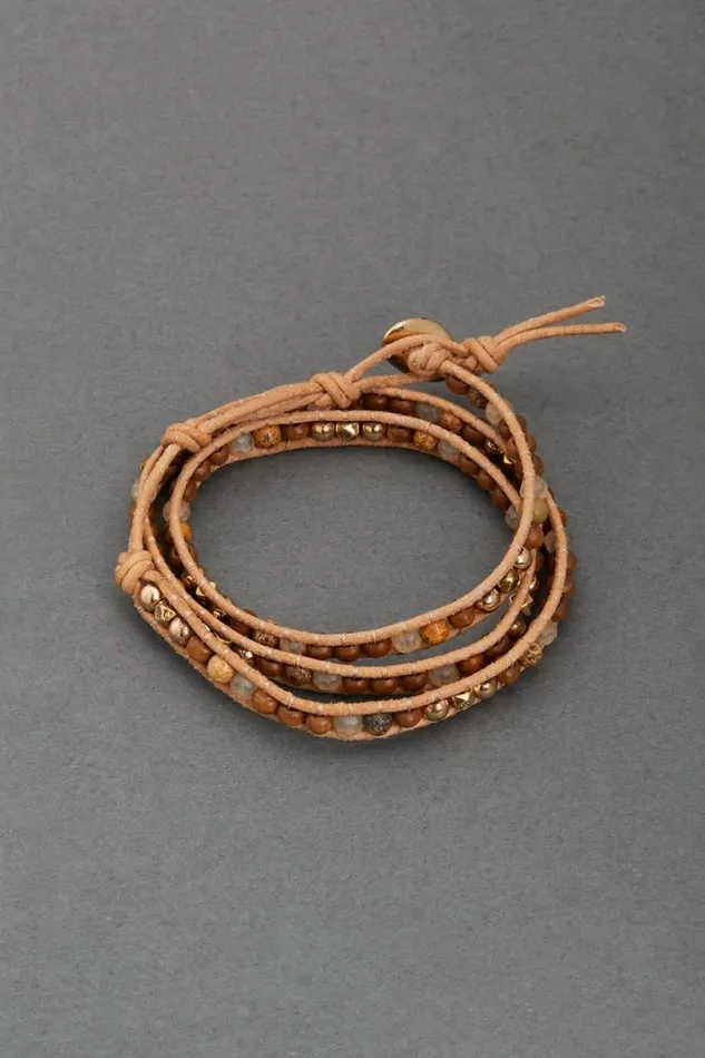 Women Lucky Brand Jewelry Natural Stone Beaded Wrap Bracelet Two Tone