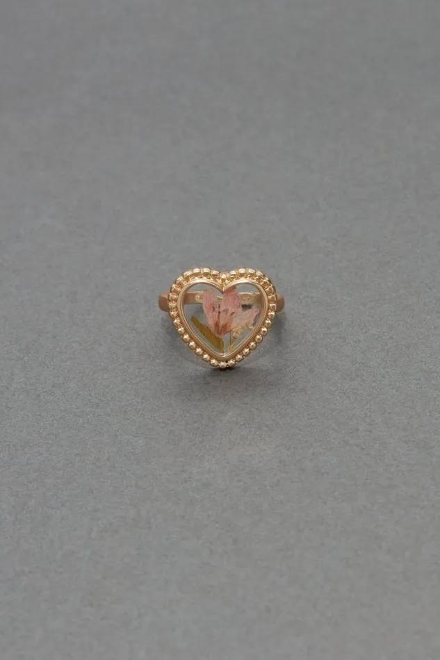 Women Lucky Brand Jewelry Pressed Flower Heart Ring Gold