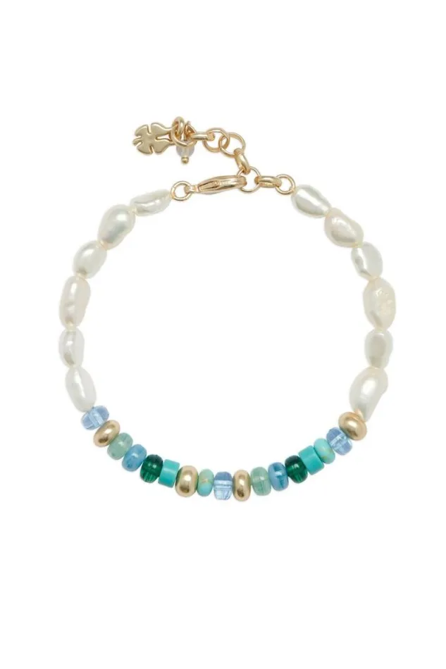 Women Lucky Brand Jewelry Turquoise And Pearl Beaded Bracelet Gold