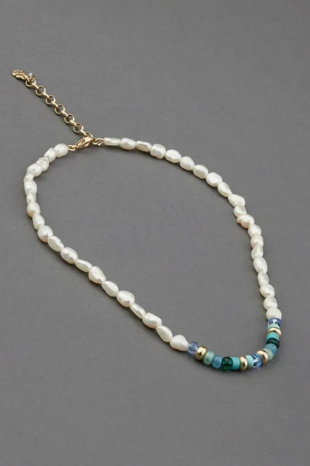 Women Lucky Brand Jewelry Turquoise And Pearl Beaded Collar Necklace Gold