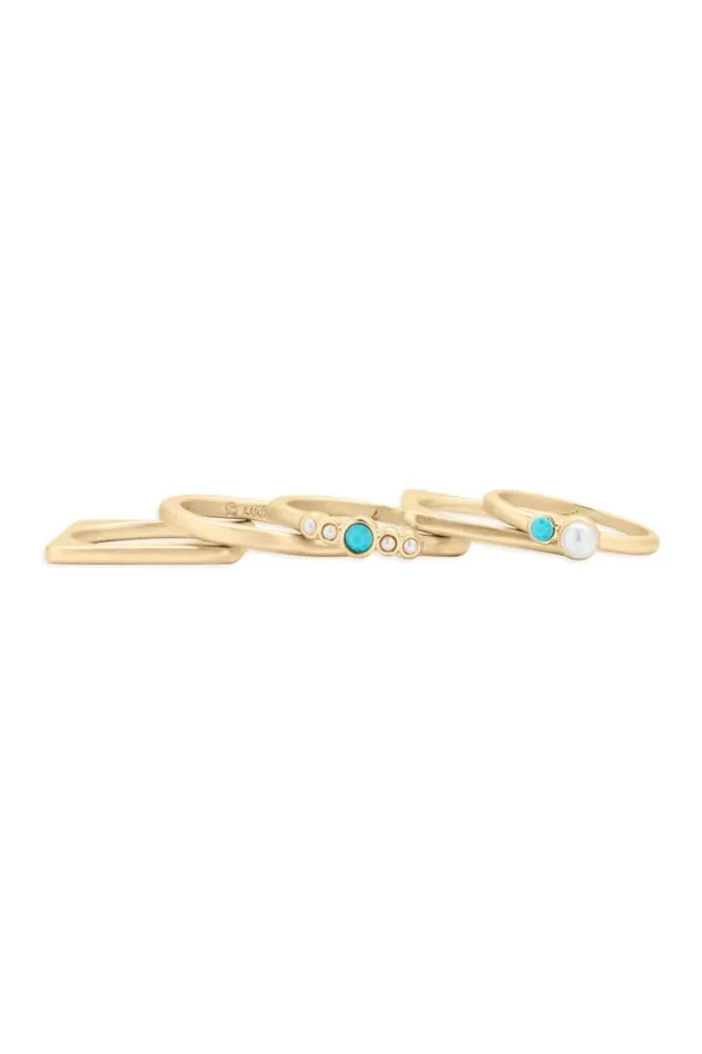 Women Lucky Brand Jewelry Turquoise And Pearl Ring Stack Gold