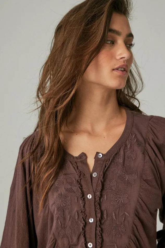 Women Lucky Brand Knit Tops Long Sleeve Embroidered Yoke Top Huckleberry