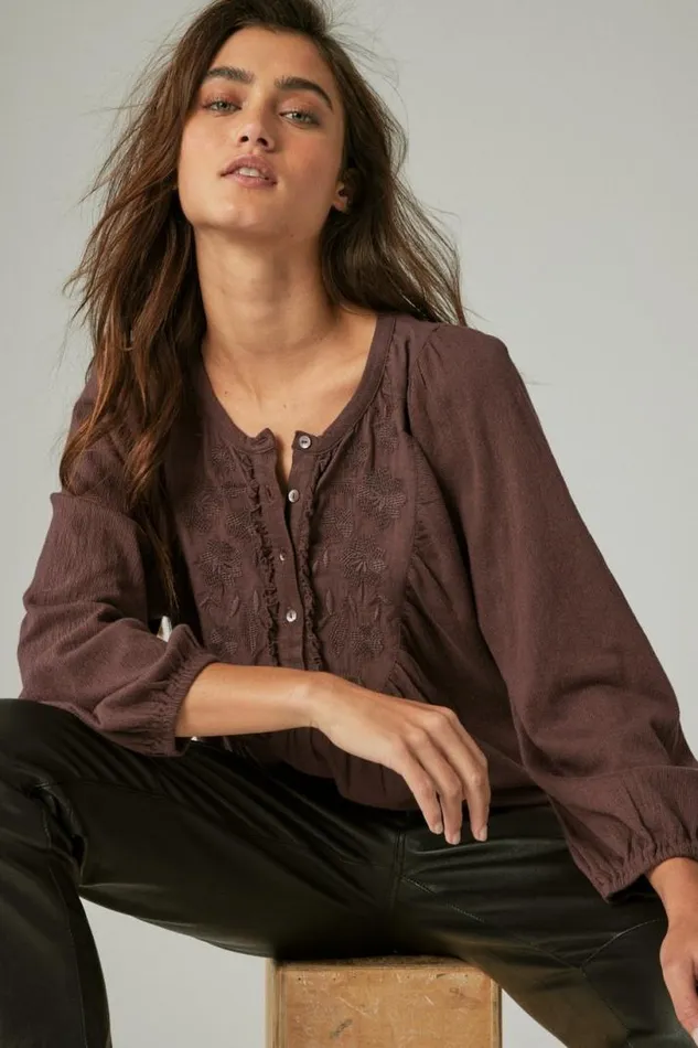 Women Lucky Brand Knit Tops Long Sleeve Embroidered Yoke Top Huckleberry