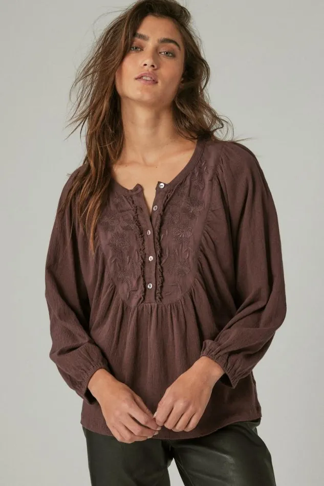 Women Lucky Brand Knit Tops Long Sleeve Embroidered Yoke Top Huckleberry
