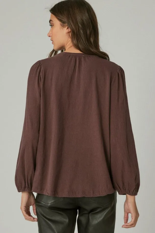 Women Lucky Brand Knit Tops Long Sleeve Embroidered Yoke Top Huckleberry