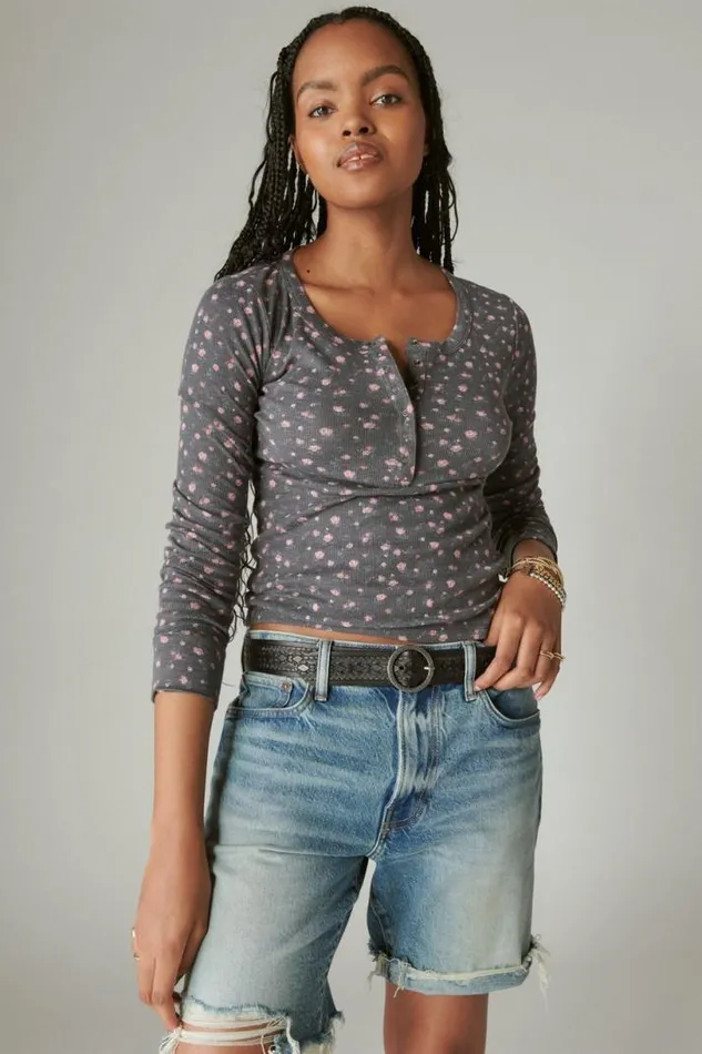 Women Lucky Brand Knit Tops Long Sleeve Ribbed Snap Henley Black Floral Print