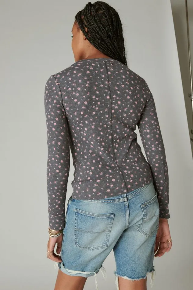 Women Lucky Brand Knit Tops Long Sleeve Ribbed Snap Henley Black Floral Print