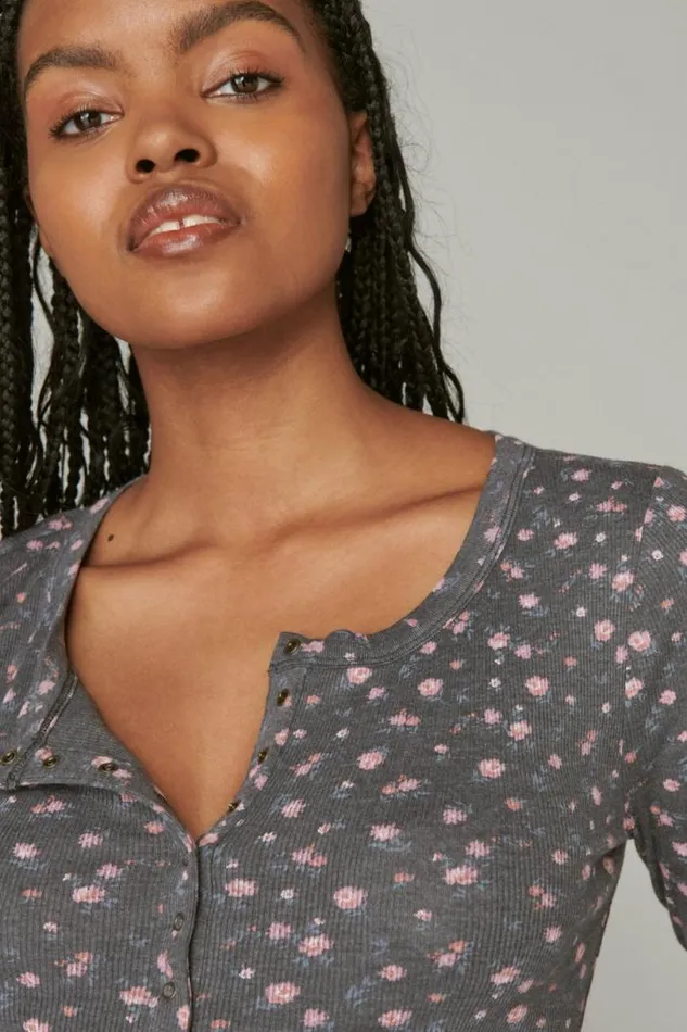 Women Lucky Brand Knit Tops Long Sleeve Ribbed Snap Henley Black Floral Print