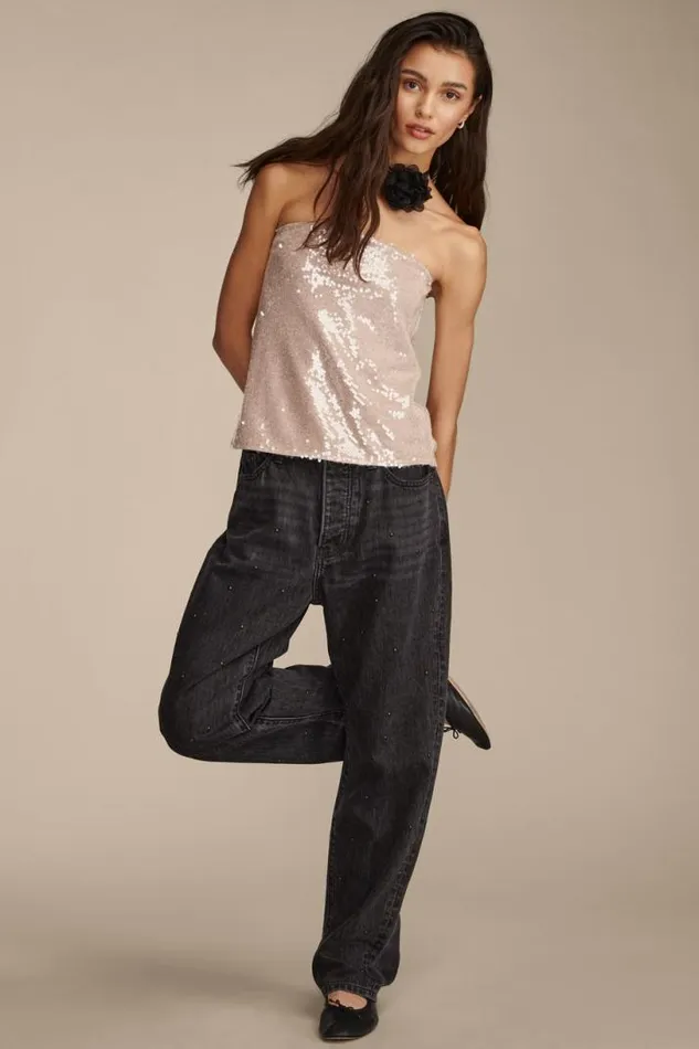 Women Lucky Brand Knit Tops Sequin Tube Top Blush