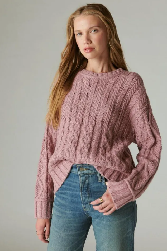 Women Lucky Brand Sweaters and Sweatshirts Cable Crew Sweater Nostalgia Rose