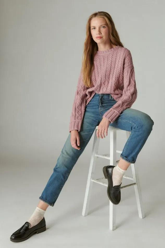 Women Lucky Brand Sweaters and Sweatshirts Cable Crew Sweater Nostalgia Rose
