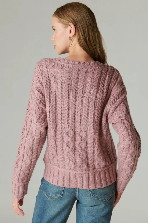 Women Lucky Brand Sweaters and Sweatshirts Cable Crew Sweater Nostalgia Rose