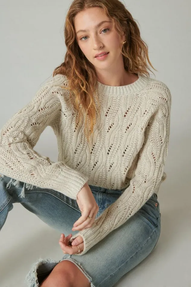 Women Lucky Brand Sweaters and Sweatshirts Cable Stitch Shine Pullover Straw Heather