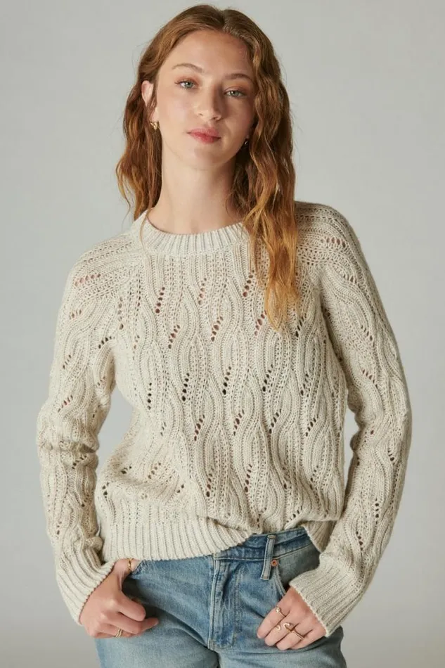 Women Lucky Brand Sweaters and Sweatshirts Cable Stitch Shine Pullover Straw Heather