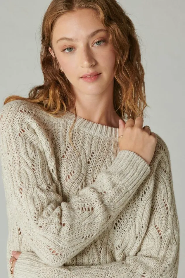 Women Lucky Brand Sweaters and Sweatshirts Cable Stitch Shine Pullover Straw Heather