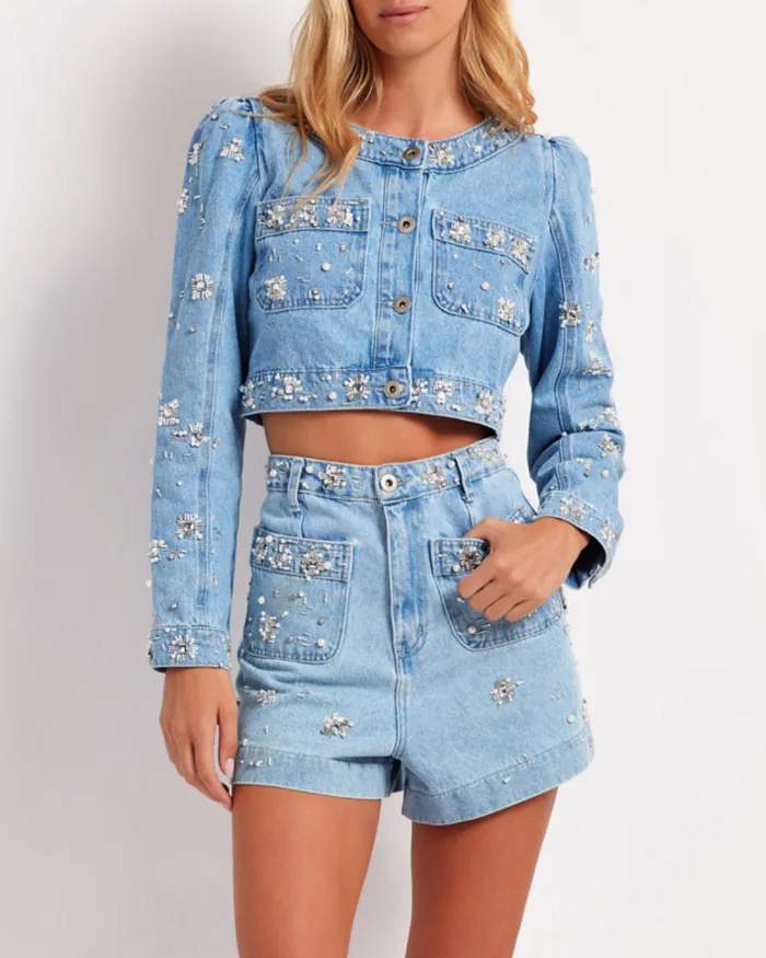 Women Matching Sets PatBO HandBeaded Denim Shorts FINAL SALE Denim