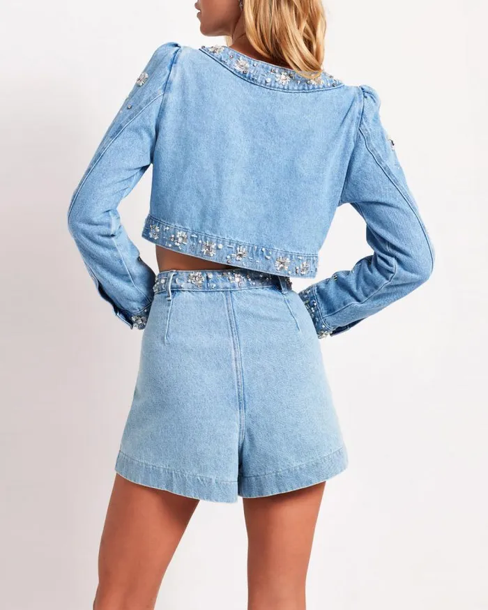 Women Matching Sets PatBO HandBeaded Denim Shorts FINAL SALE Denim