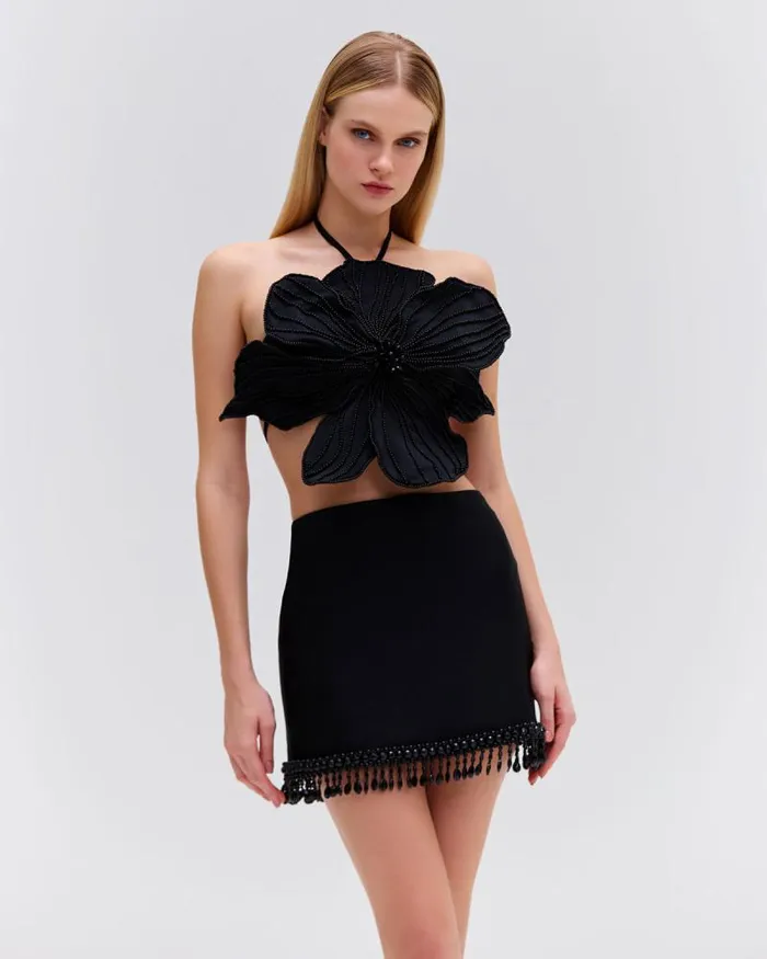 Women Matching Sets PatBO HANDBEADED FLOWER TOP EXCLUSIVE Black