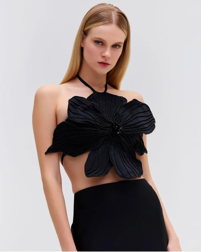 Women Matching Sets PatBO HANDBEADED FLOWER TOP EXCLUSIVE Black
