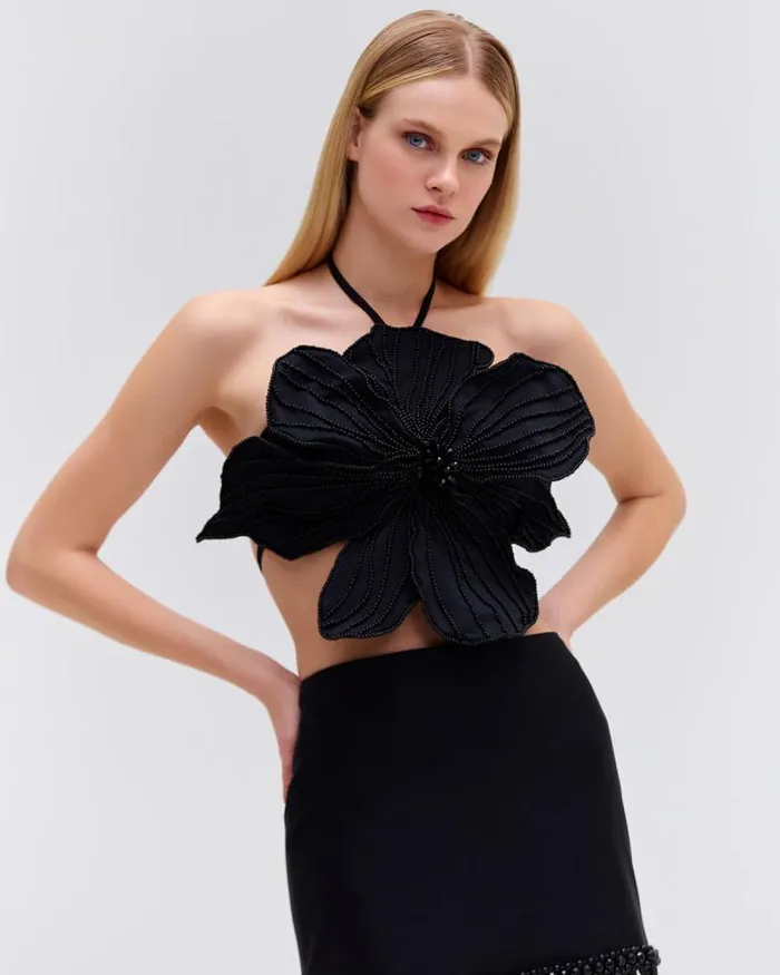 Women Matching Sets PatBO HANDBEADED FLOWER TOP EXCLUSIVE Black