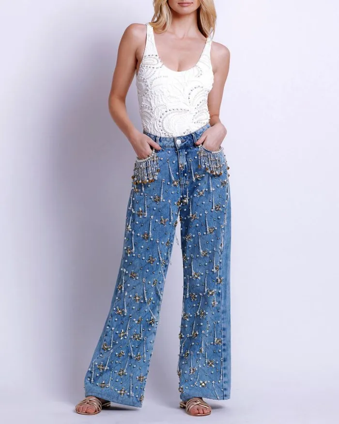 Women Matching Sets PatBO HANDBEADED HIGH WAIST JEANS FINAL SALE Denim