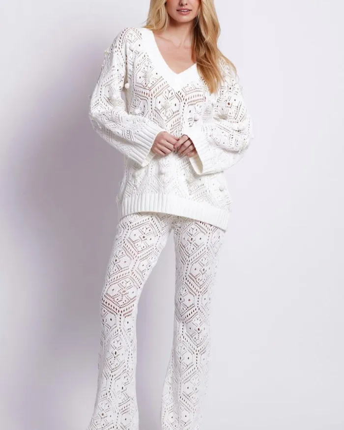 Women Matching Sets PatBO Knit Flare Leg Pant White