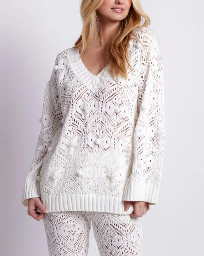Women Matching Sets PatBO Knit Flare Leg Pant White